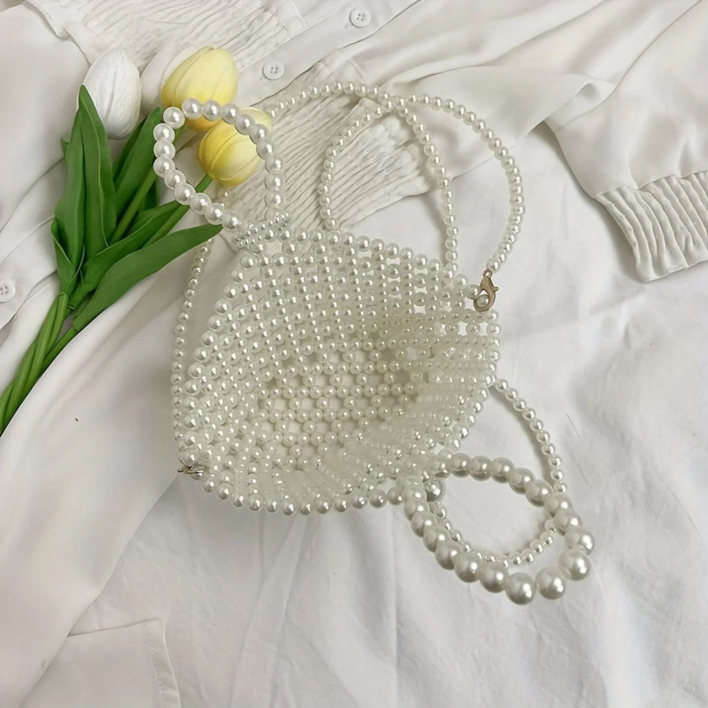 Basket Elegant Style Hollowed-out Women Crossbody Pearl For Beaded Faux Bag Purse moocr Bucket