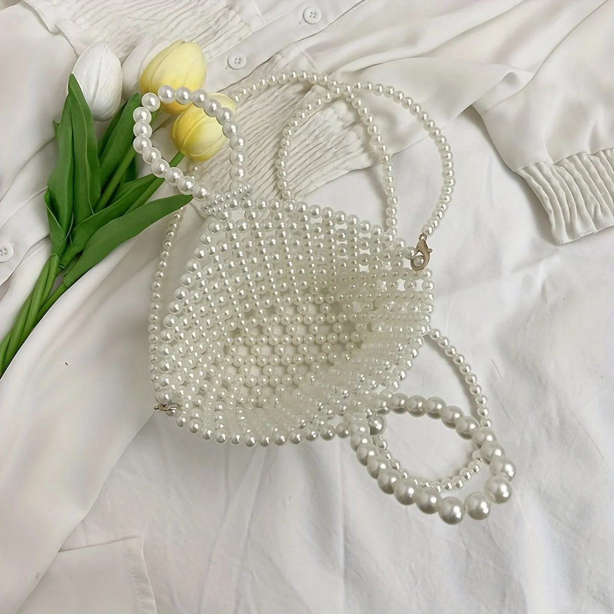 Basket Elegant Style Hollowed-out Women Crossbody Pearl For Beaded Faux Bag Purse moocr Bucket