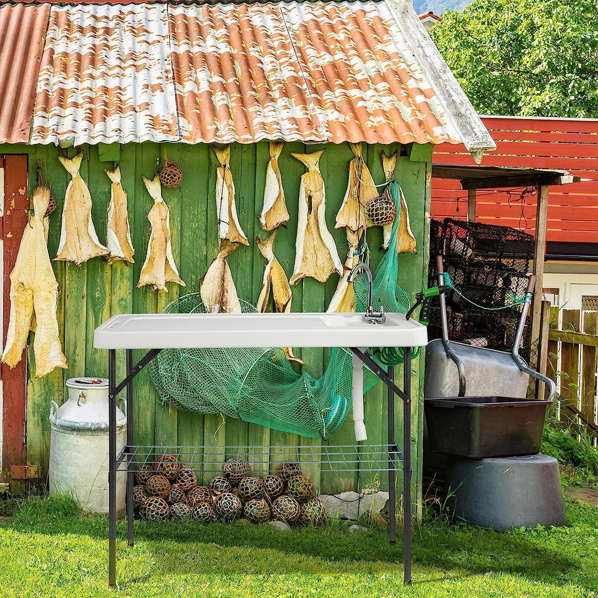 Drainage Sprayer, Grid Table Table with Fish for with Folding Camping with Cleaning BBQ Cutting Backyard Sink Patio & Portable Table Sink, VINGLI Rack Hose Upgarded Fish Fillet