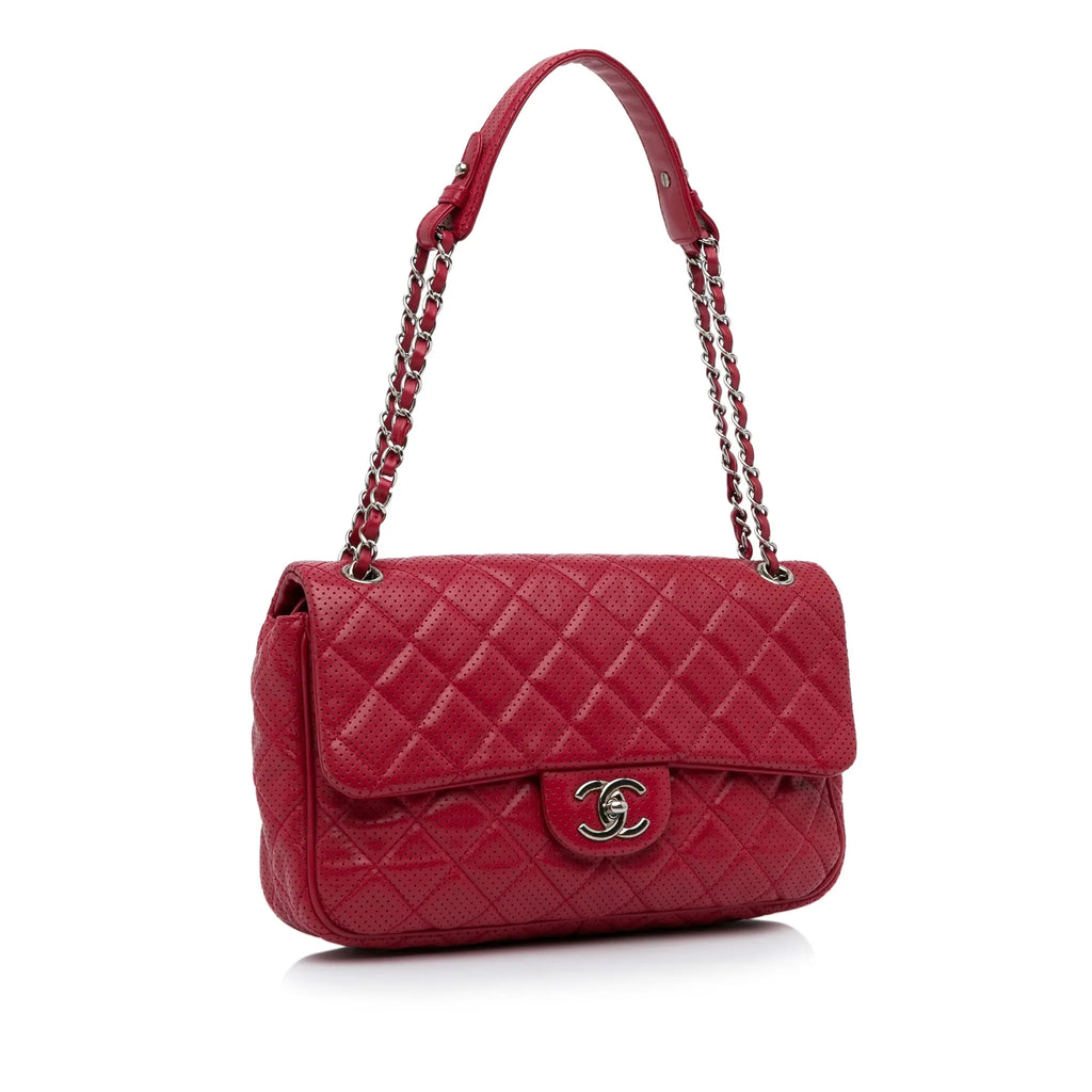 Leather Red (Good) Shoulder Pre-Owned Unisex Classic Authenticated Jumbo Perforated Lambskin Bag Single Chanel Flap