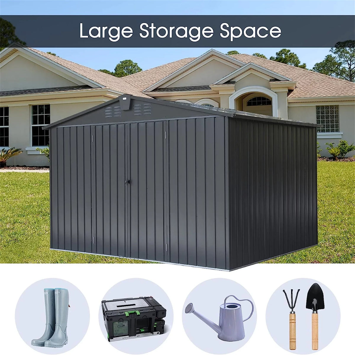 with Outdoor Homiyad for Shed Shed Cabinet for Storage Patio, Backyard, 10'X Door Tools, Steel ) 8', Can, Metal Outdoor Bike, Storage (10X8ft, Garden Galvanized Trash Lockable Lawn
