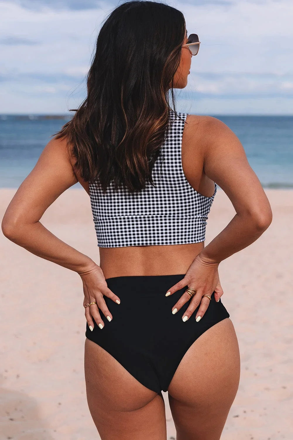 Gingham Bikini High Swimsuit Waist Front Tie