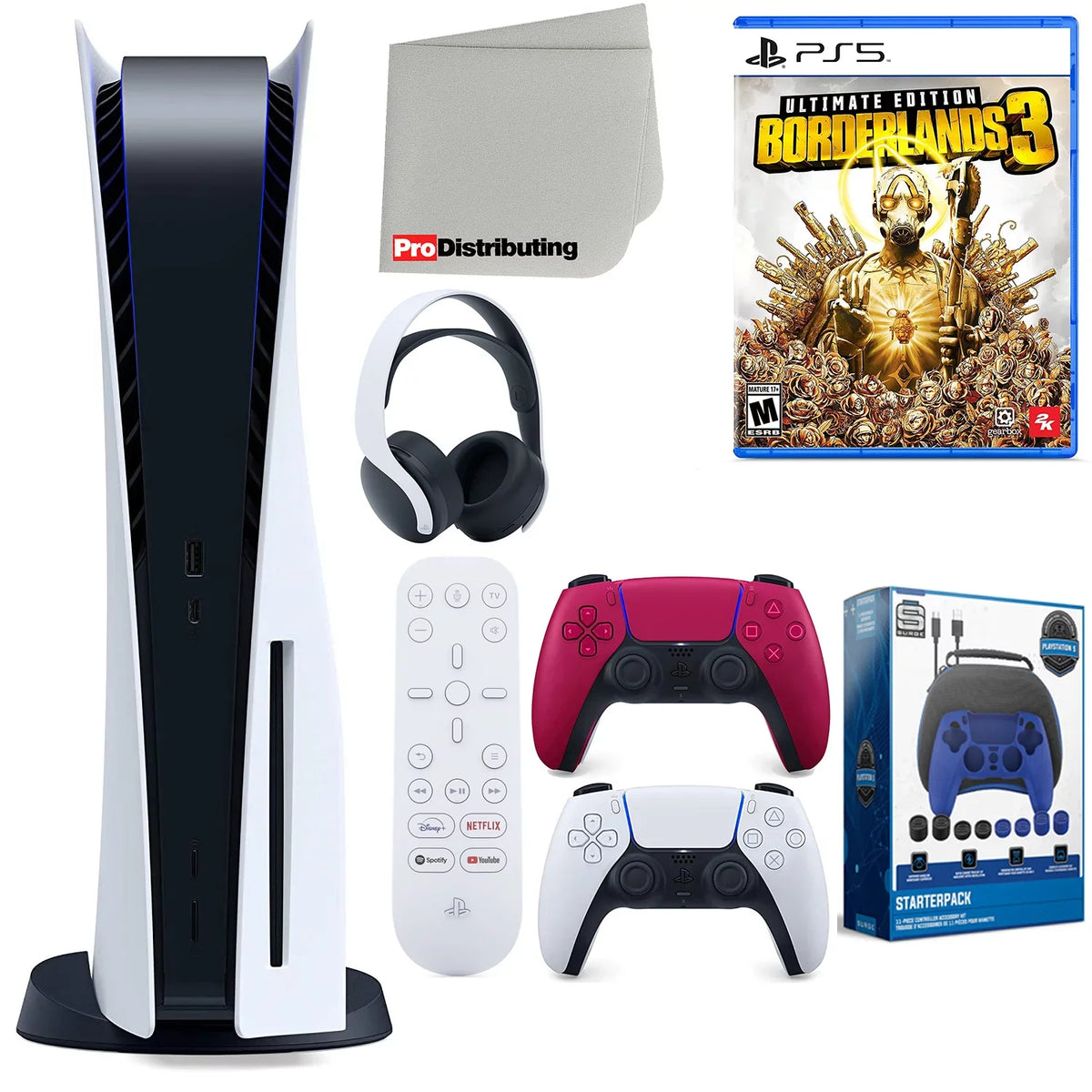 (Sony Remote, Borderlands Headset, Accessory 5 3 Cosmic Playstation with Version Kit Media Cloth Starter Edition, Sony Ultimate Disc) PS5 Microfiber Extra Red Bundle Disc Controller, Cleaning and