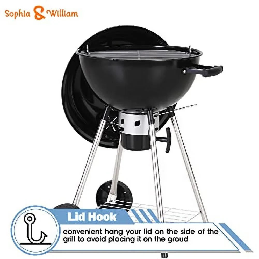 with Chromeplated for Outdoor Charcoal Picnic and BBQ Grate, Lid 18-inch Ash Porcelain-Enameled & Bowl, Grill Patio Catcher Kettle BBQ Camping, Sophia William