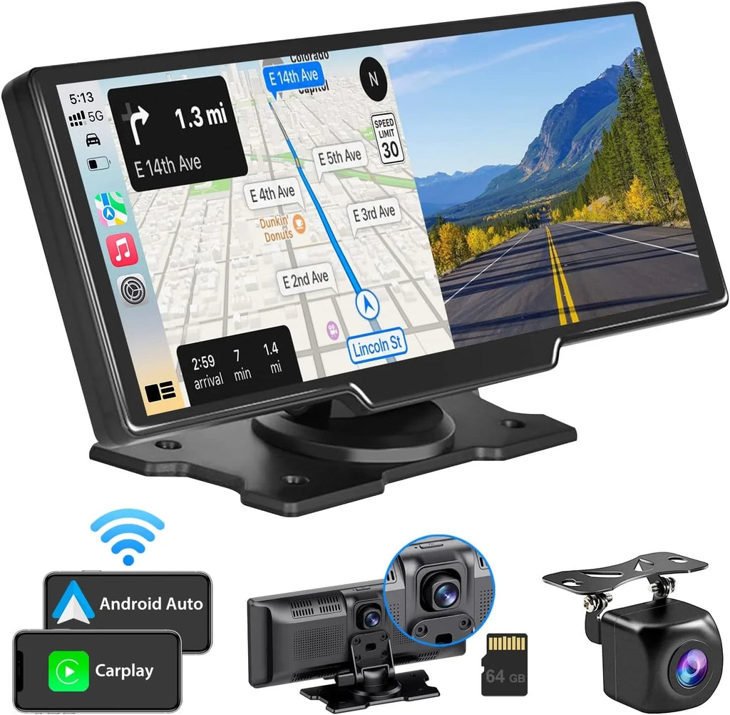 Carplay Camera, Navigation 9" Wireless GPS CAIHONG Receiver Car Auto, Android Head Dash Bluetooth, Recording, IPS Stereo Unit, Car with Portable Screen, HD - Cam 2.5K Backup 1080p Radio Loop