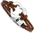 Bracelet - Stainless Steel Leather Chisel Brown Polished 7.5" Heart Braided