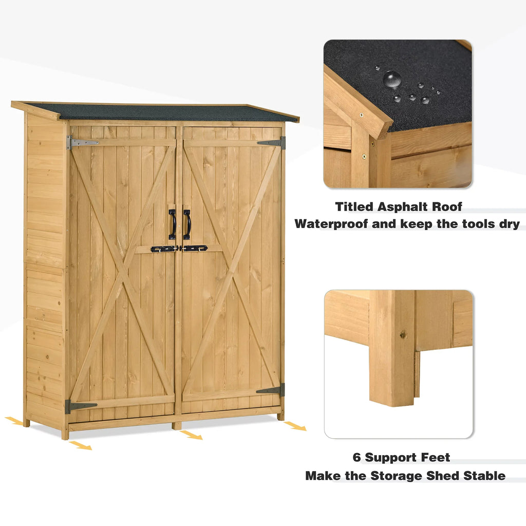 Roof, Outdoor Storage Lockable Shed, 3-tier L Tool Hx4.6ft Shelves Cabinet 5.3ft Wood with Organizer,Garden Asphalt Doors, Storage Double Waterproof Shed Backyard, for Natural