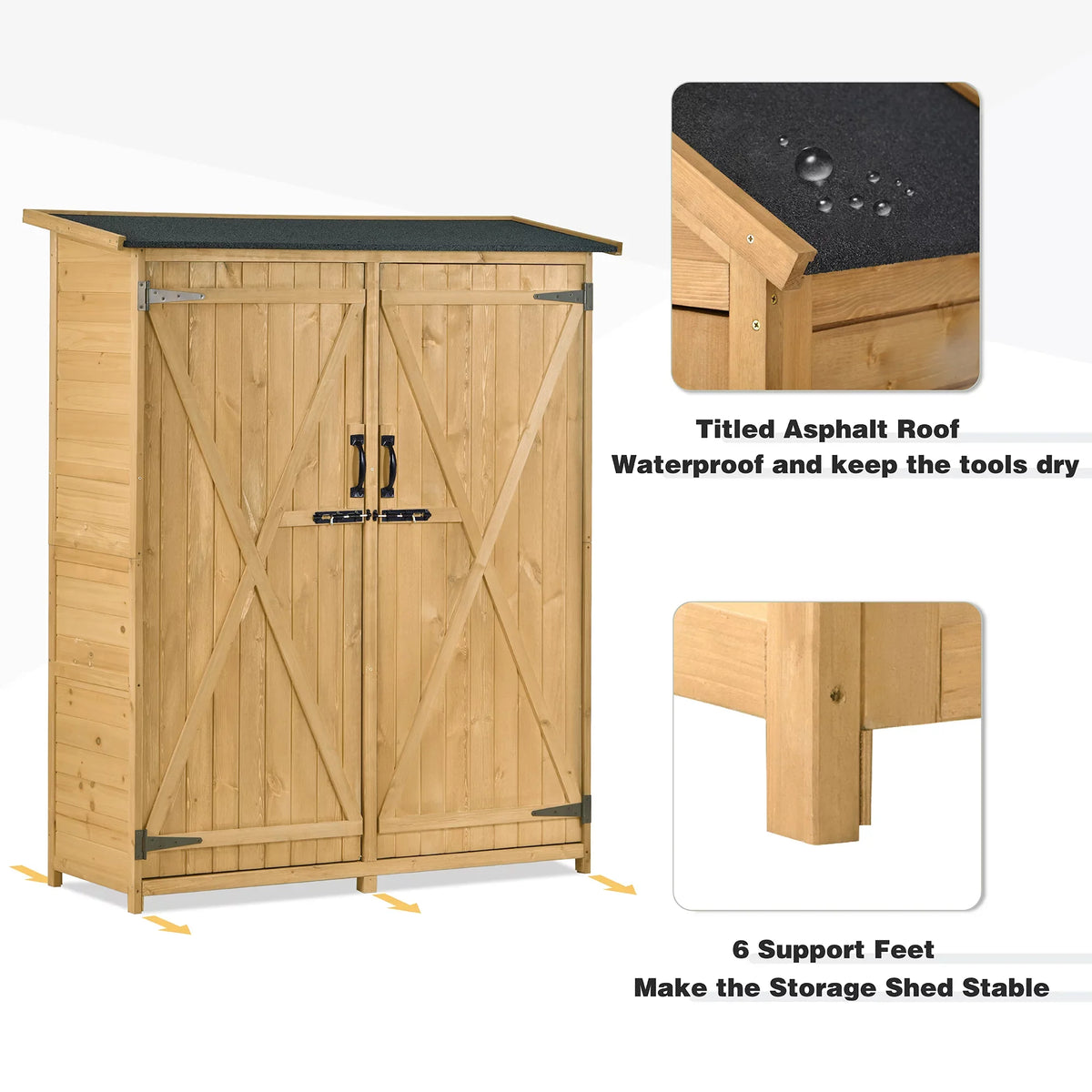 Roof, Outdoor Storage Lockable Shed, 3-tier L Tool Hx4.6ft Shelves Cabinet 5.3ft Wood with Organizer,Garden Asphalt Doors, Storage Double Waterproof Shed Backyard, for Natural