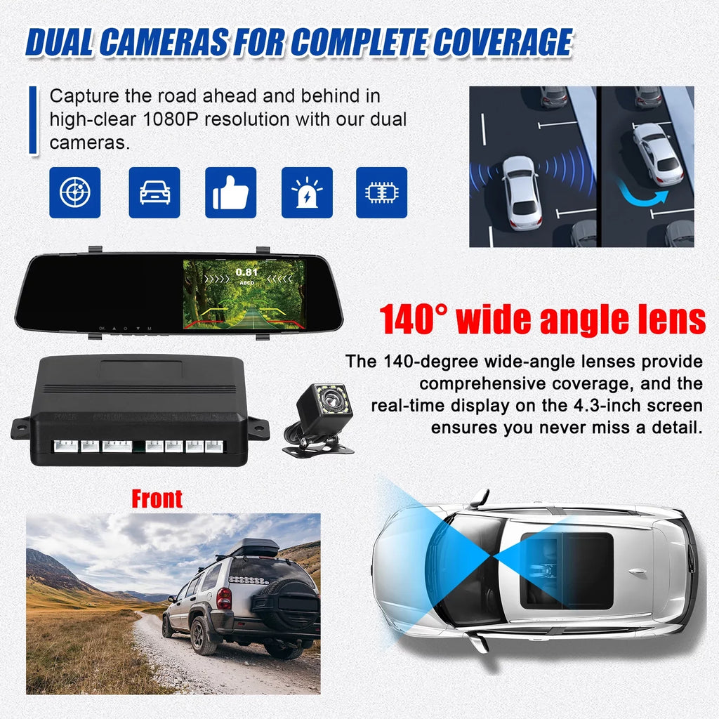 Dual Cam Dash Camera,Camera Camera 4.3 Inch Dazzduo Screen 4.3 Reco Inch Reverse Dash Rear DVR Dash Inch Rear Reverse 4 Radars 1080P Dash Dual Radars Support Screen Rear Rear Camera Radars