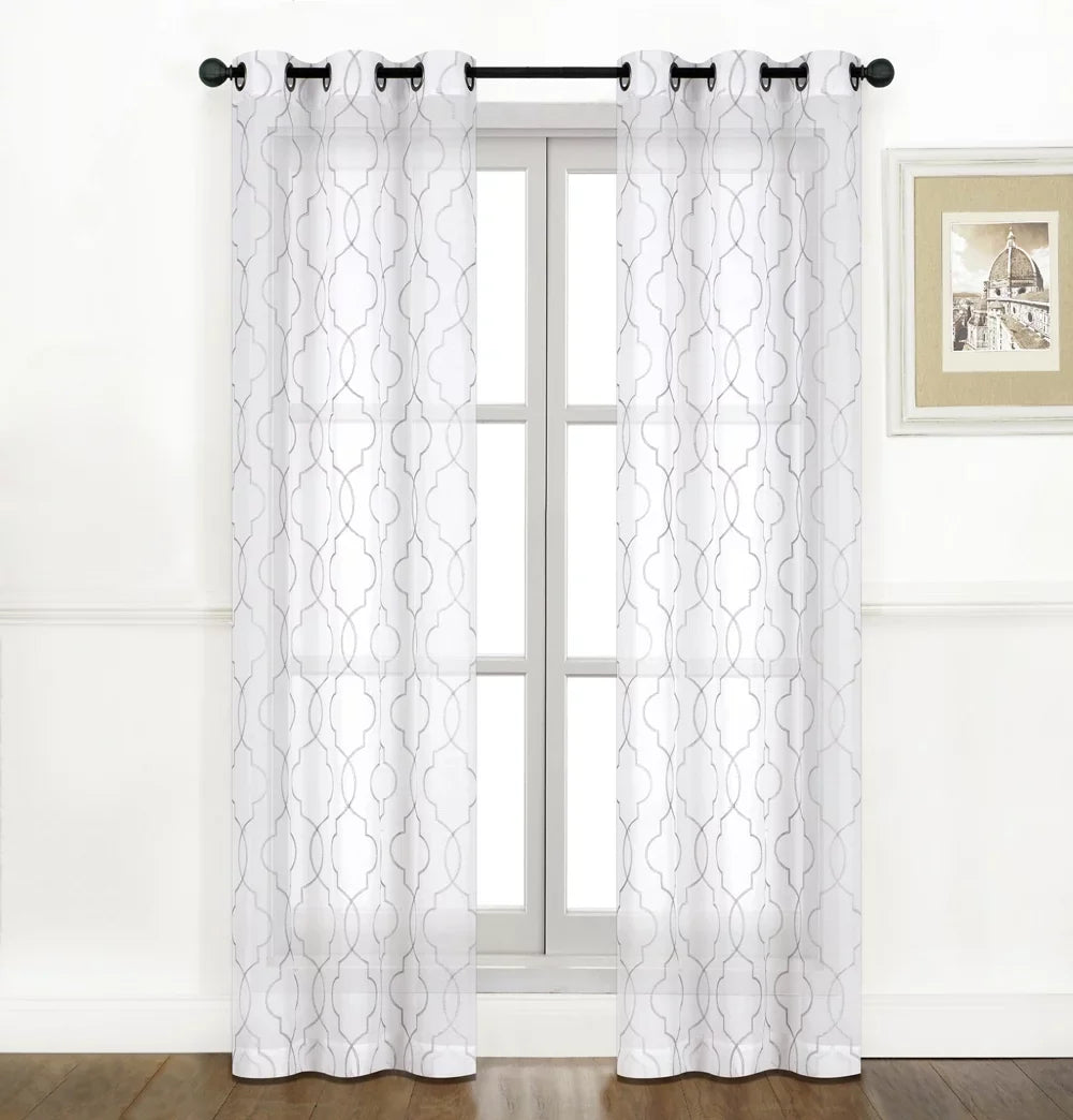 Regal Collections 2 Semi Sheer Curtain Pack: Home Embroidered Gray Panels - Quatrefoil Grommet