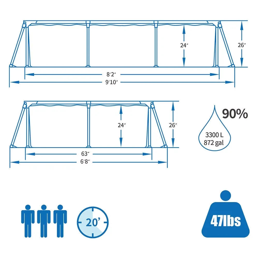 Frame Rectangular Kids Adults Pool, Metal Family for Outdoor Pool Swimming Ground Above Pool, Large