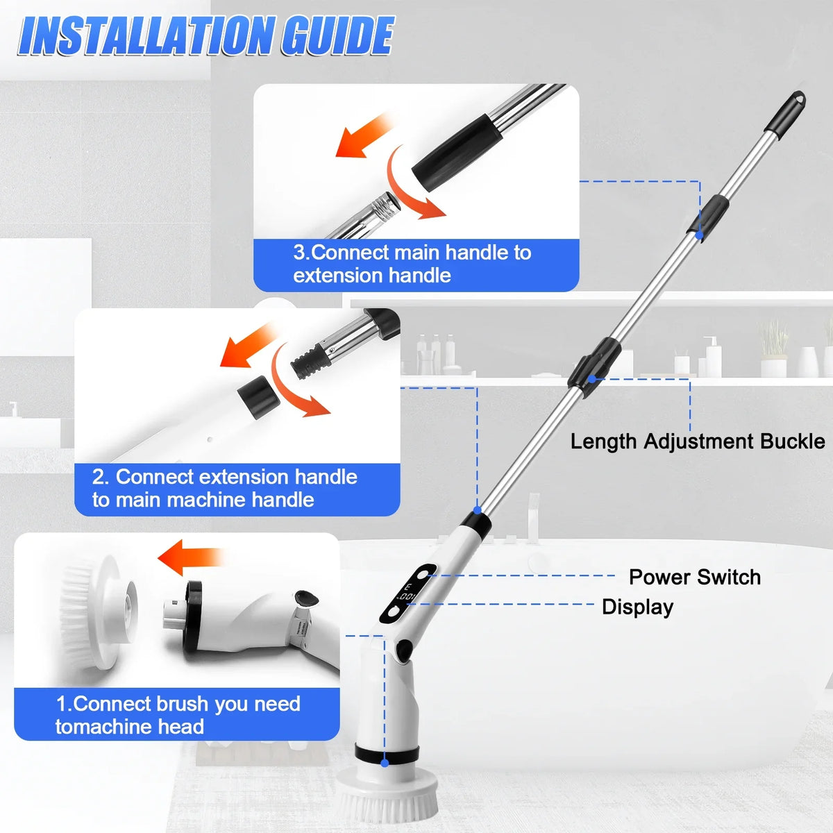 8 Kitchen Brush Tub Brushes Heads,Shower Cleaning Brush with Scrubber, Household Long Tile Handle WLRETMCI Scrubber with Spin for Cleaning Car Floor Electric Cordless Bathroom
