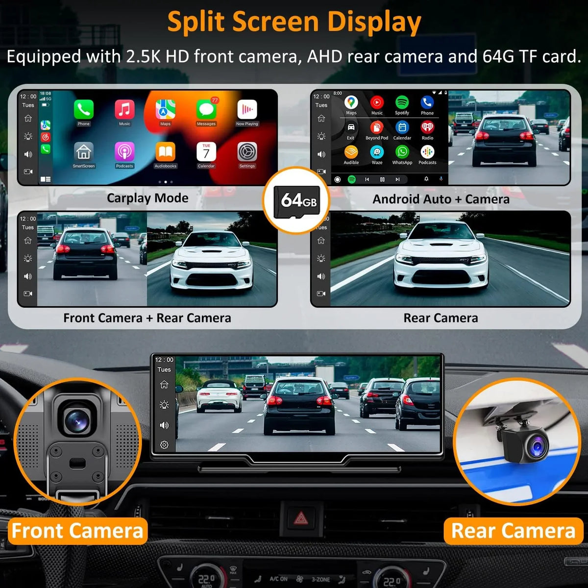 Carplay Camera, Navigation 9" Wireless GPS CAIHONG Receiver Car Auto, Android Head Dash Bluetooth, Recording, IPS Stereo Unit, Car with Portable Screen, HD - Cam 2.5K Backup 1080p Radio Loop