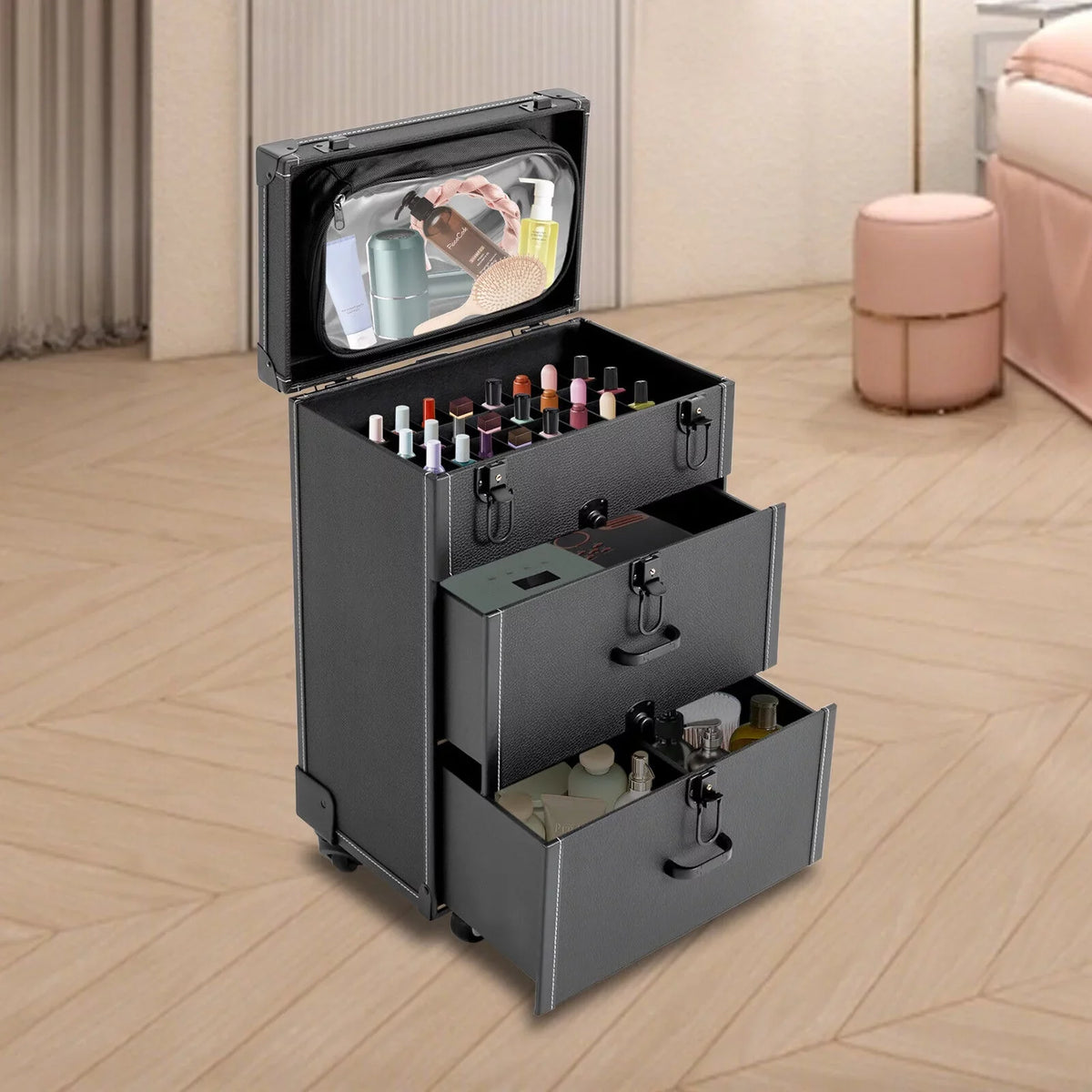 Polish Nail Makeup Trolley Miumaeov Rolling Cosmetic Train Organizer Storage Luggage Case Box Professional
