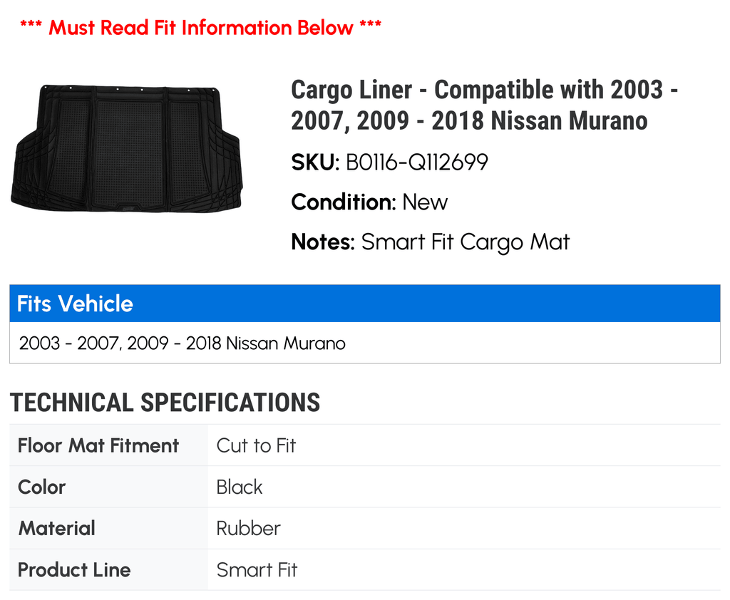 2003 2006 2004 Liner Murano Cargo 2018 2007, 2015 2010 2016 Nissan 2005 Compatible 2011 - 2009 - with - 2017 2013 2014 2012