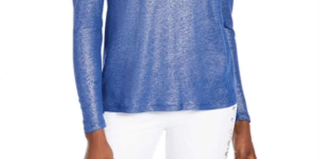KORS Size: Neck Ruffled Womens Metallic Jewel Long Top Blue L Sleeve MICHAEL