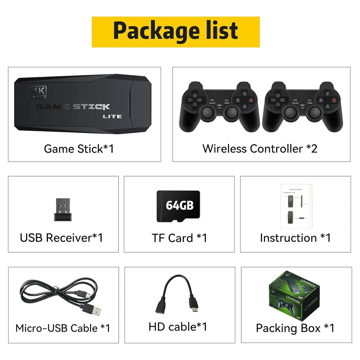 Output, Nostalgia Game Emulator Controllers Retro Stick for Wireless Play HD Game Retro Arcade/Maze, Plug with 4K Video with and 20000+ 2.4GHz Console 64G Games, Console 9 Play Compatible TV, Stick,