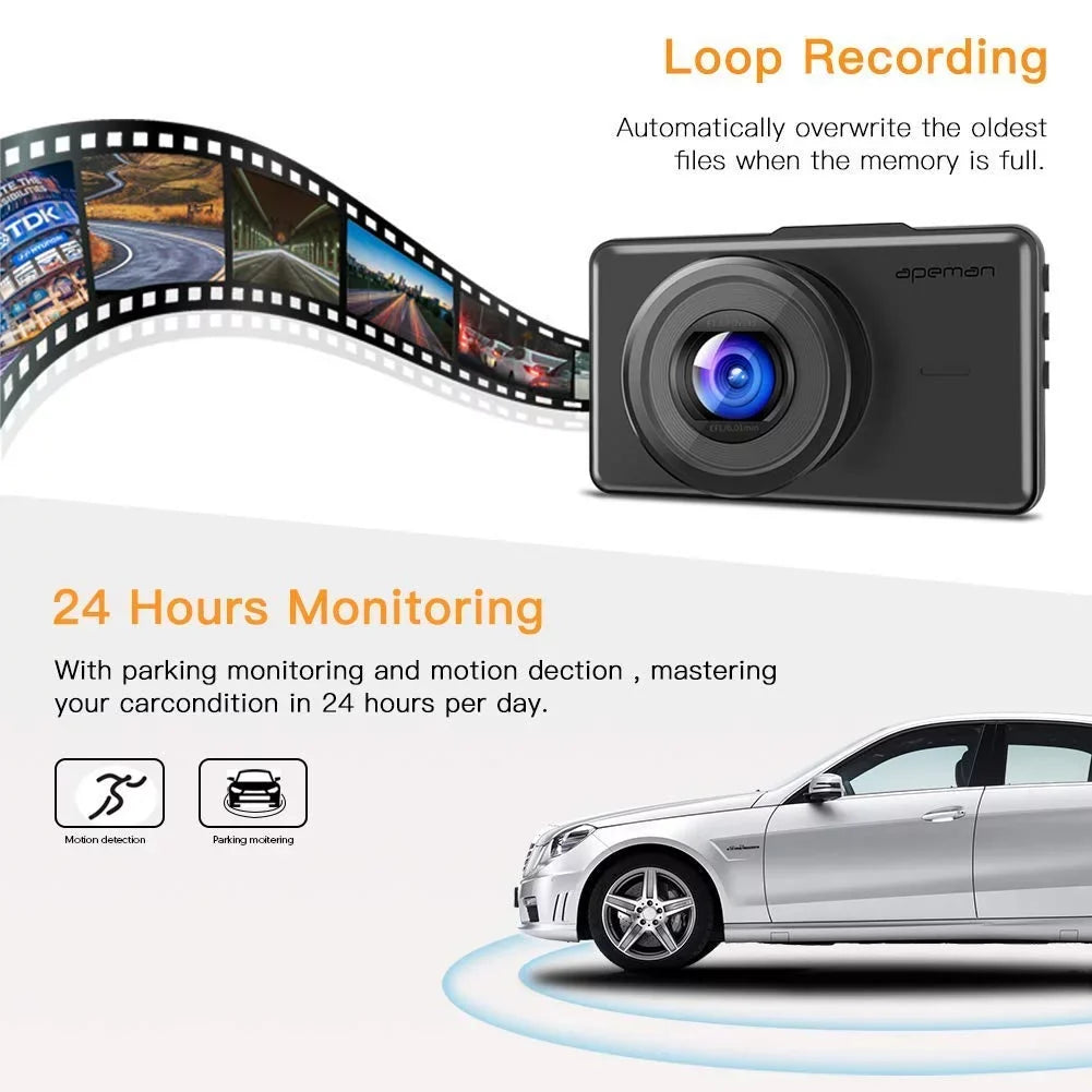 APEMAN Cam LCD Parking Car FHD Monitor, Loop Dash 1080P Driving Screen 170°Wide Detection Recording, 3" Angle, WDR, DVR G-Sensor, Motion Recorder