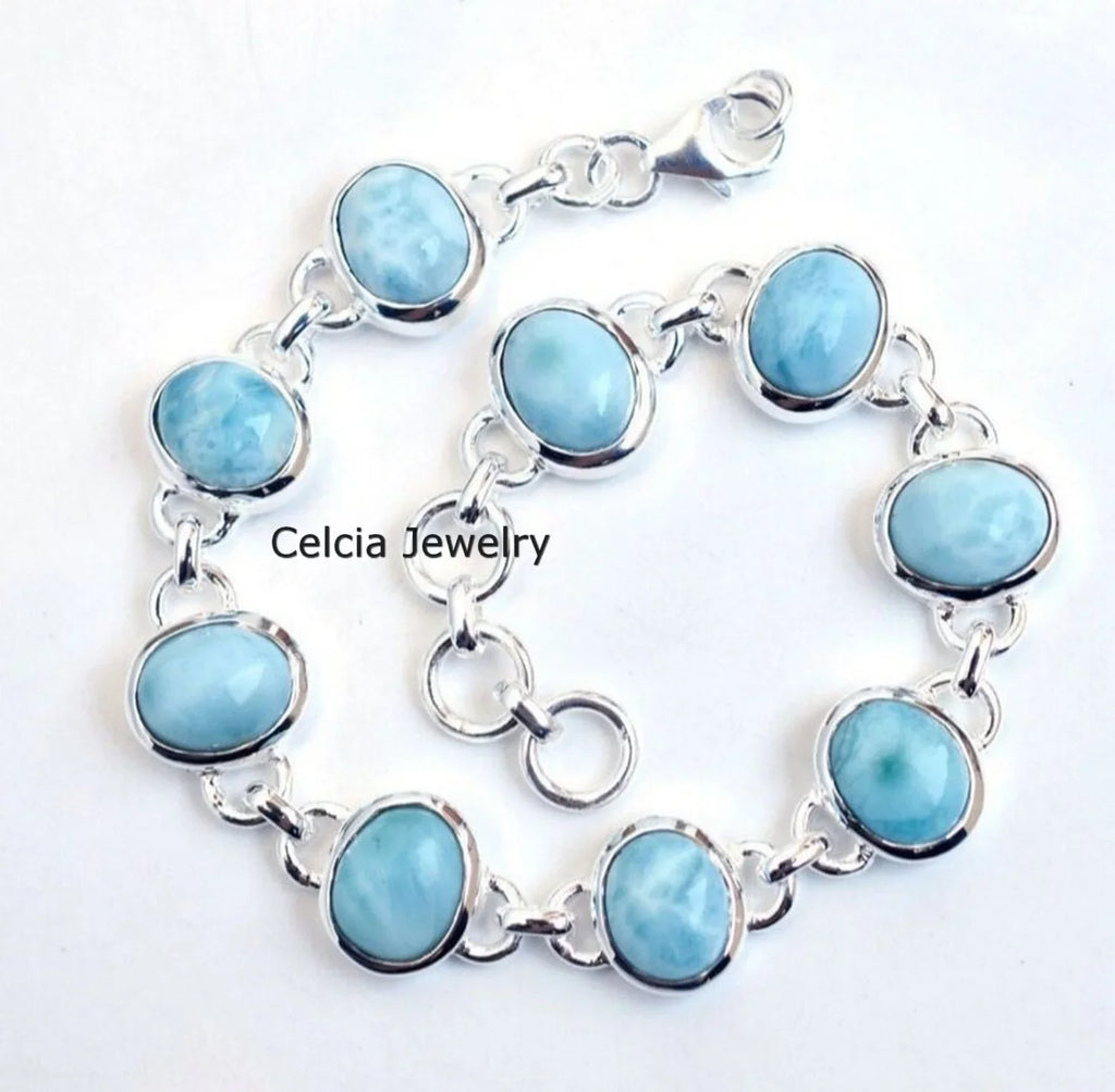 For Him Silver Oval Her Larimar Sterling Handcrafted Bracelet For Genuine 925 Multiple Women, Gemstone Solid Unique Blue Men Bracelet