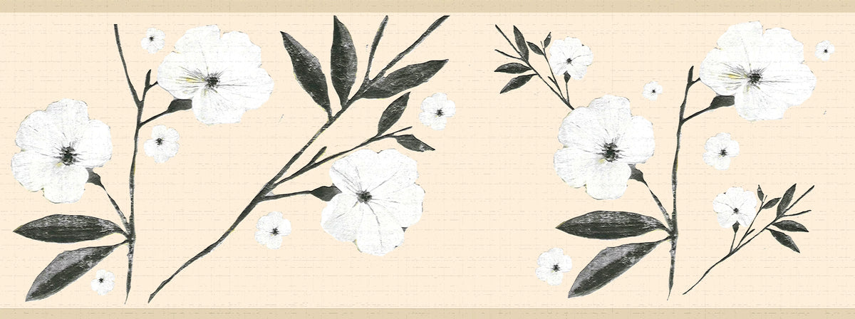 Deco's Wall in, Border Retro Adhesive White Peel Cream 7 Floral ft x 15 and Self Leaves Stick Wallpaper Dundee Design, - Flowers Border and