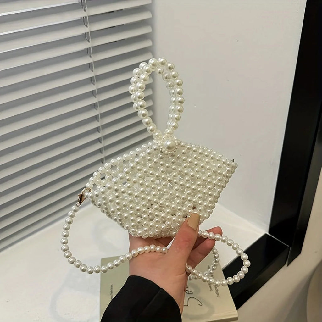 Basket Elegant Style Hollowed-out Women Crossbody Pearl For Beaded Faux Bag Purse moocr Bucket