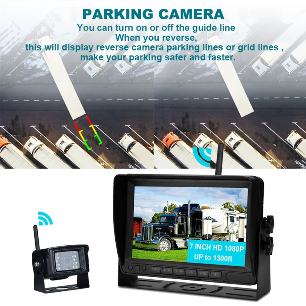 for Camera 1080P 1CH Kit Rear Trailer View Backup Display 7" Truck AHD Wireless