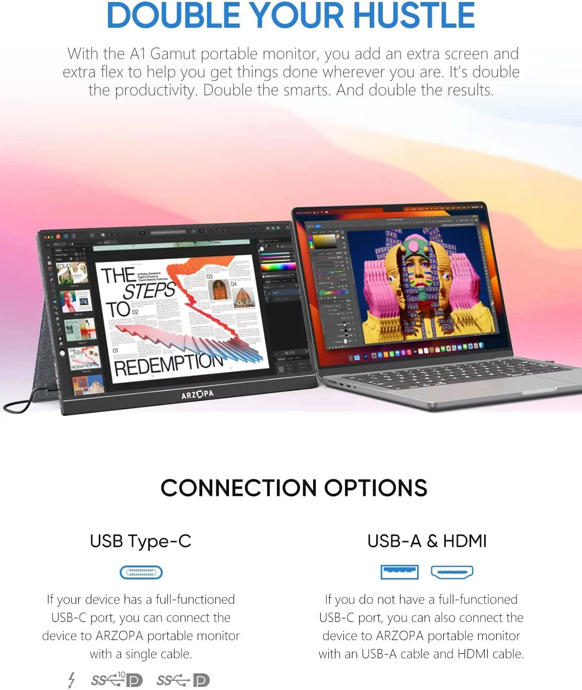 Monitor - 1080P Display GAMUT HDMI Laptop IPS External Screen FHD A1 Computer Monitor USB 15.6'' C Portable Arzopa Portable
