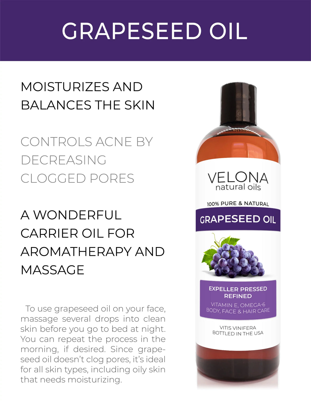 Skin, Hair Pure - 24 | pressed Care | Natural and Cooking, Refined, Velona Cold | Body, 100% Grapeseed oz Oil Face, Carrier Oil