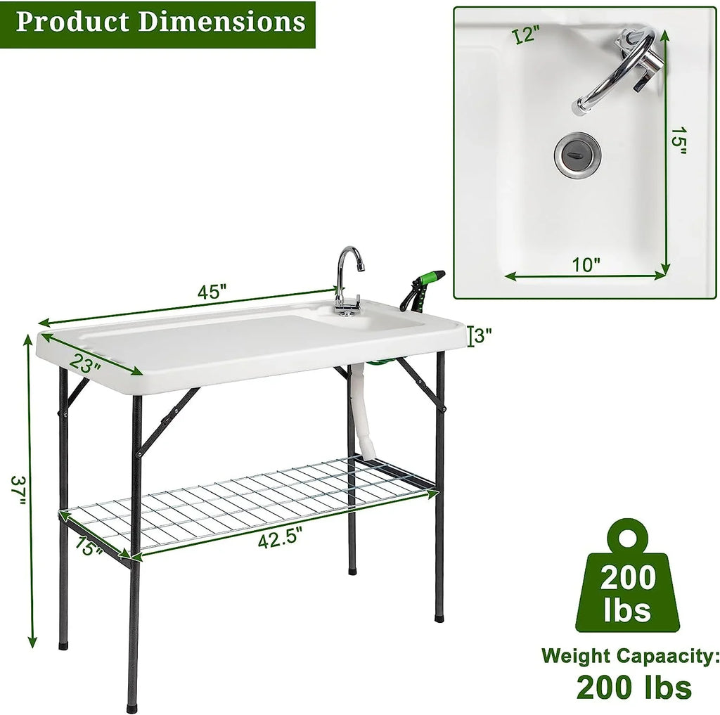 Drainage Sprayer, Grid Table Table with Fish for with Folding Camping with Cleaning BBQ Cutting Backyard Sink Patio & Portable Table Sink, VINGLI Rack Hose Upgarded Fish Fillet