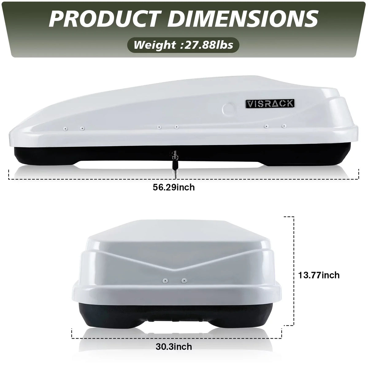 Hard L Rooftop x Box Carrier for with Cargo Waterproof 30.3" Cargo 56.3" Double 13.8" Locks, SUV H, W 13 Large ft³ Rooftop Box Shell Rooftop Cargo x White