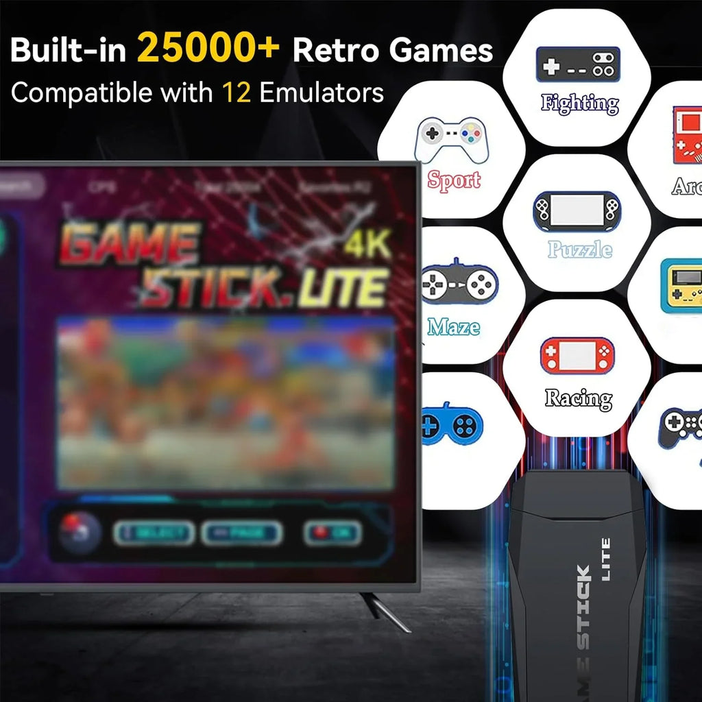 Output, Nostalgia Game Emulator Controllers Retro Stick for Wireless Play HD Game Retro Arcade/Maze, Plug with 4K Video with and 20000+ 2.4GHz Console 64G Games, Console 9 Play Compatible TV, Stick,
