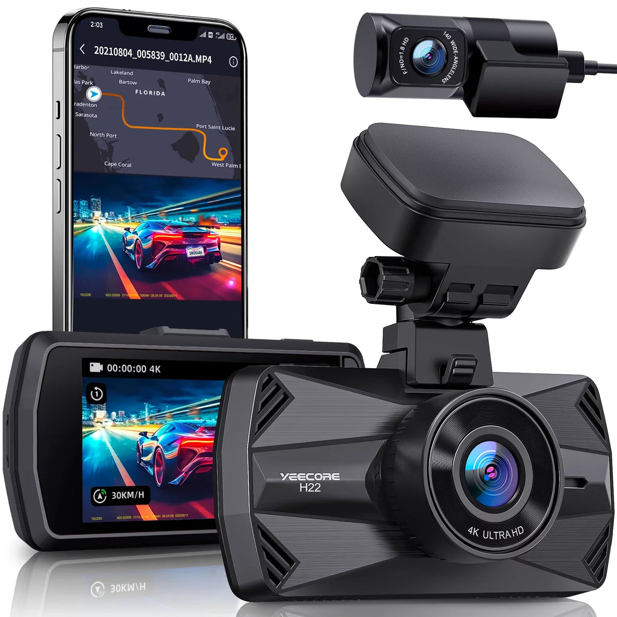 Recording for 3" G-Sensor, Monitor, Angle Cars, Vision, 24H 157°Wide Dash WiFi GPS, HDR Built-in Front Loop Rear, Dash Parking IPS and Camera Dual YEECORE Screen, Night Real Cam, 4K+1080P