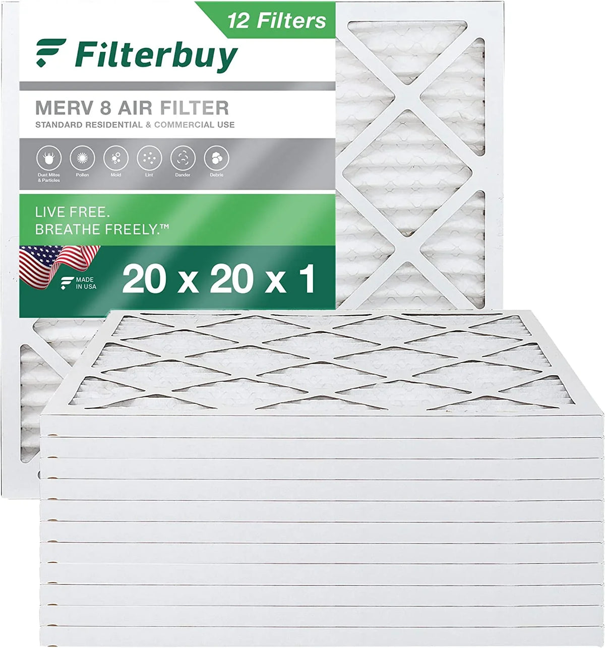 Filterbuy Pleated Filters (12-Pack) Air 20x20x1 MERV Furnace 8 AC HVAC