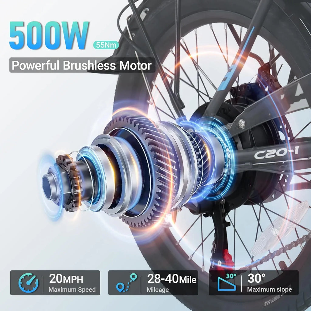 Ebike VARUN Speed 500W for 48V Folding 20MPH Electric Stylish and Lithium 40 Bike 20" Miles - Battery Range Wheels, with