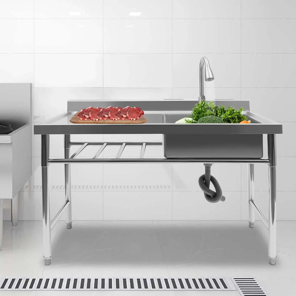 w/Catering 47" Prep Faucet Utility Pull-Out Sink, Washing Aiqidi Steel Sink Stainless Commercial & Drainpipe & Restaurant Compartment Kitchen 1 Hand Basin Freestanding Table