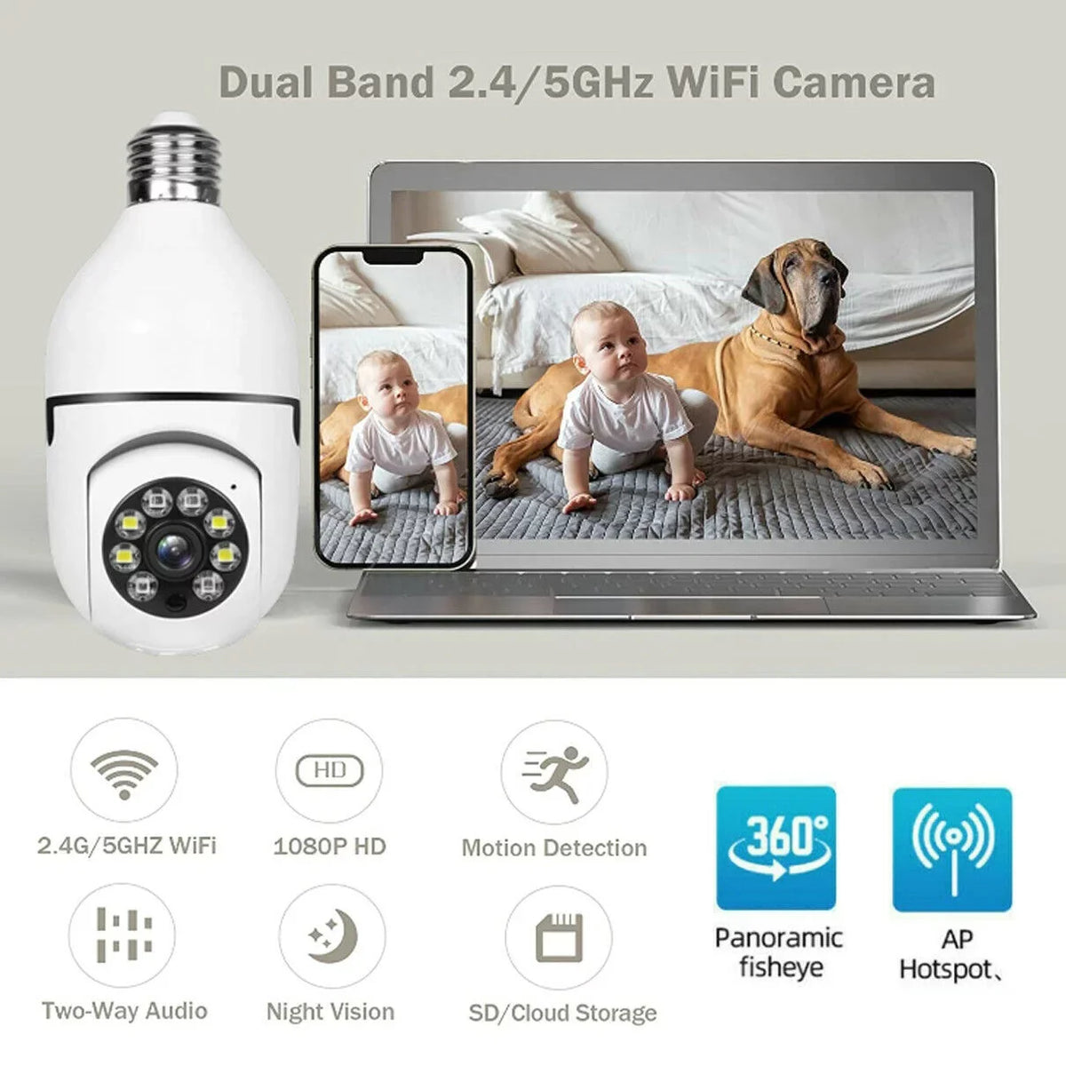 Two Surveillance Bulb Socket Bulb 2.4Ghz Vision/Light Wi-Fi Talk/Night Way &5Ghz 360° Wireless Motion Light Detector Camera IZENGATE E27 2Pack Camera Camera