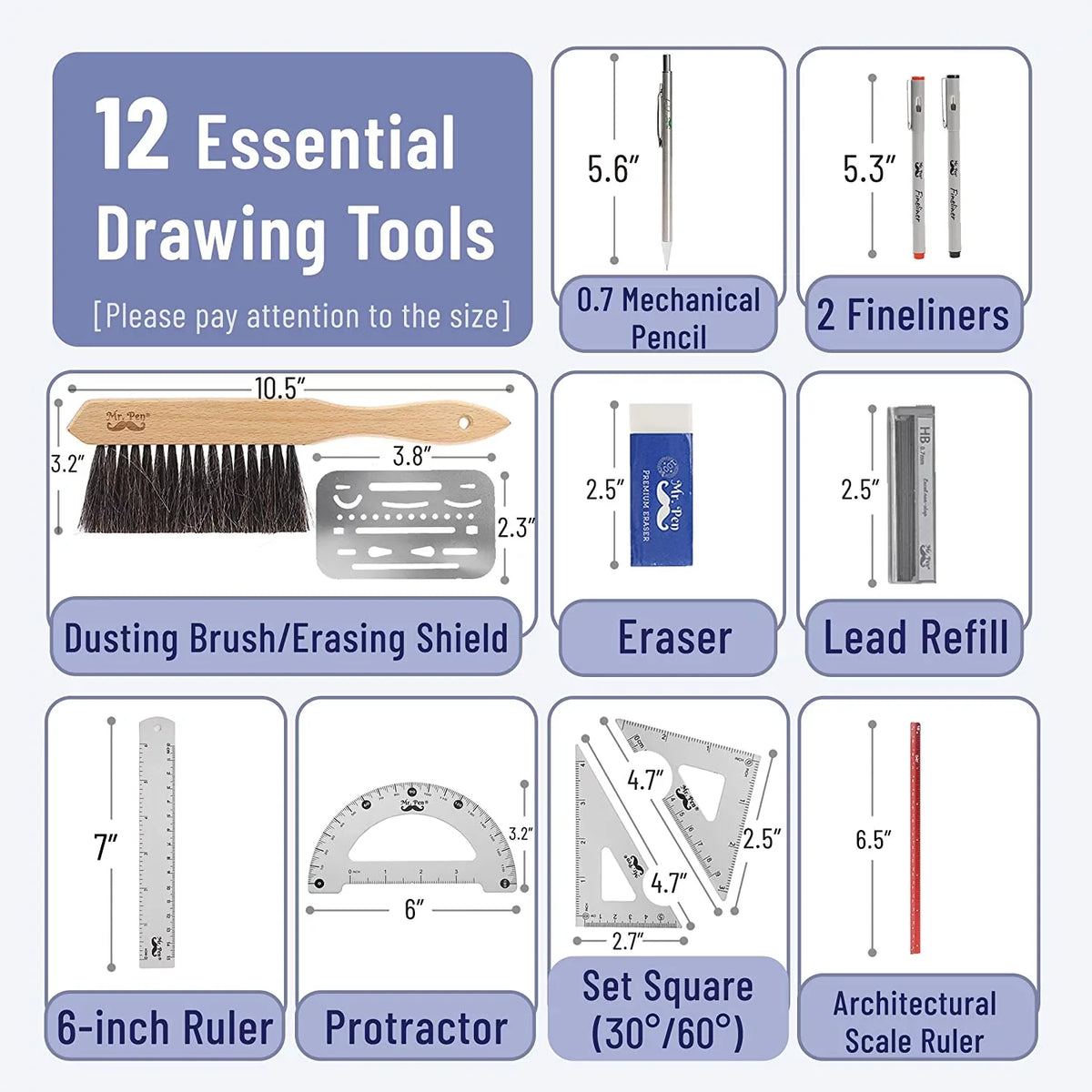 Set, Protractor Set, Compass Professional Set, Drafting Pen- Architect Mr. and Tools Geometry 17 Pcs,