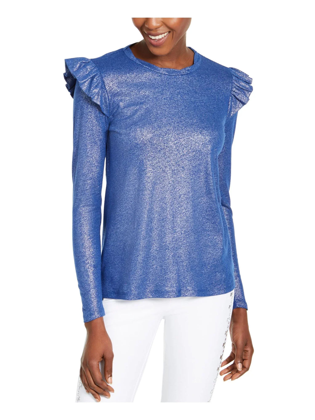 KORS Size: Neck Ruffled Womens Metallic Jewel Long Top Blue L Sleeve MICHAEL