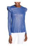 KORS Size: Neck Ruffled Womens Metallic Jewel Long Top Blue L Sleeve MICHAEL