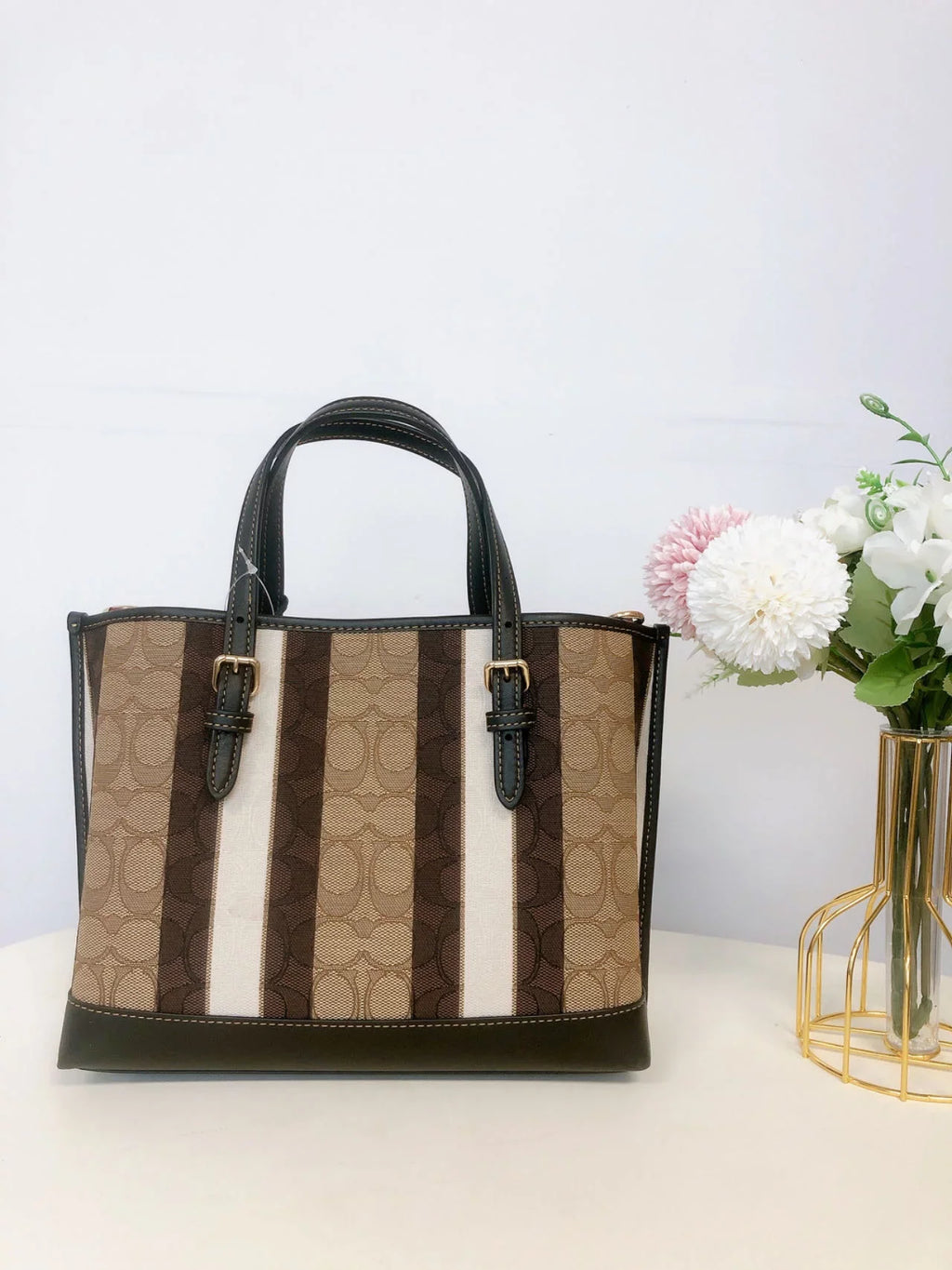 With Multi In IN Signature Coach Khaki Mollie Stripes Tote 25 Jacquard C8416
