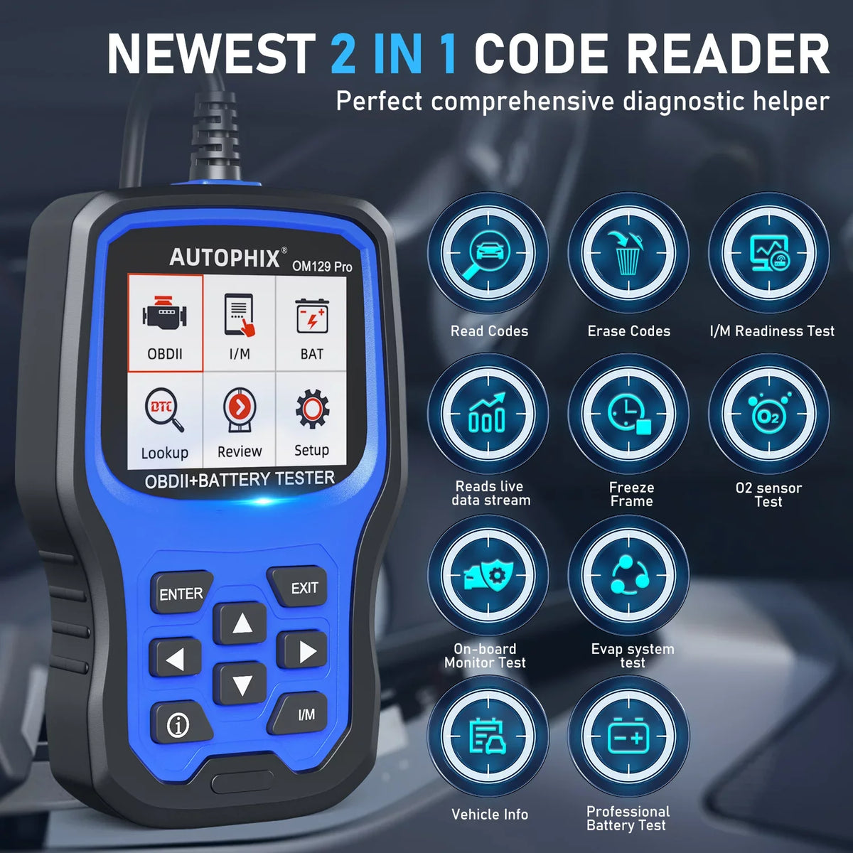 Test Automotive in 1 Scanner OBD2 Battery Full OBD2 Diagnostic Test AUTOPHIX Tool OM129 Battery Charging Function Analyzer Tester 2 Reader OBD Engine 12V Scanner EOBD Automotive Code PRO Cranking Auto