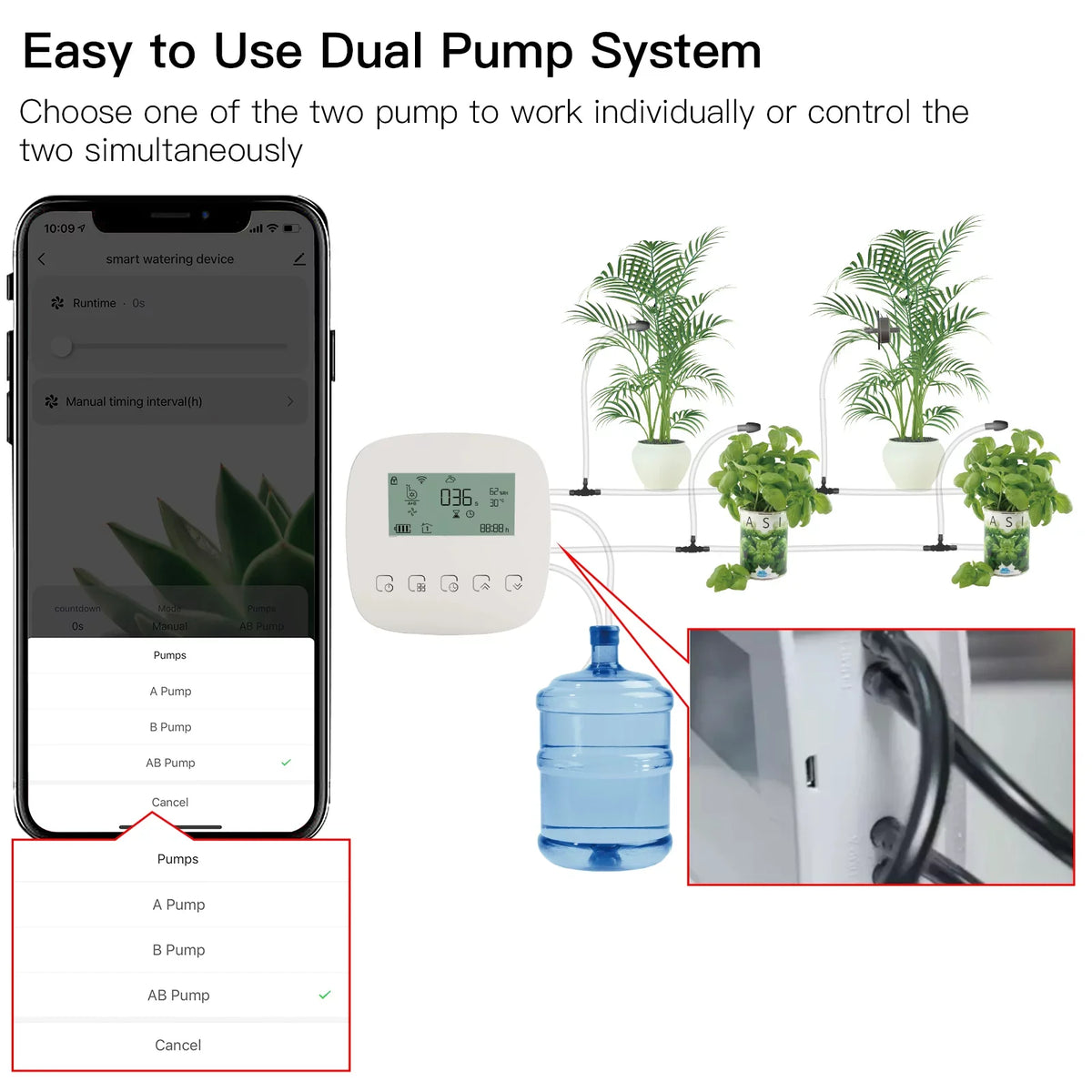 Built-in Charging Smart Time Manual Panel/ Solar System Arealer Compatible Watering Programmable Home USB Control with WiFi/ System Watering Battery Device Watering Voice/ Automatic for Dual Pump