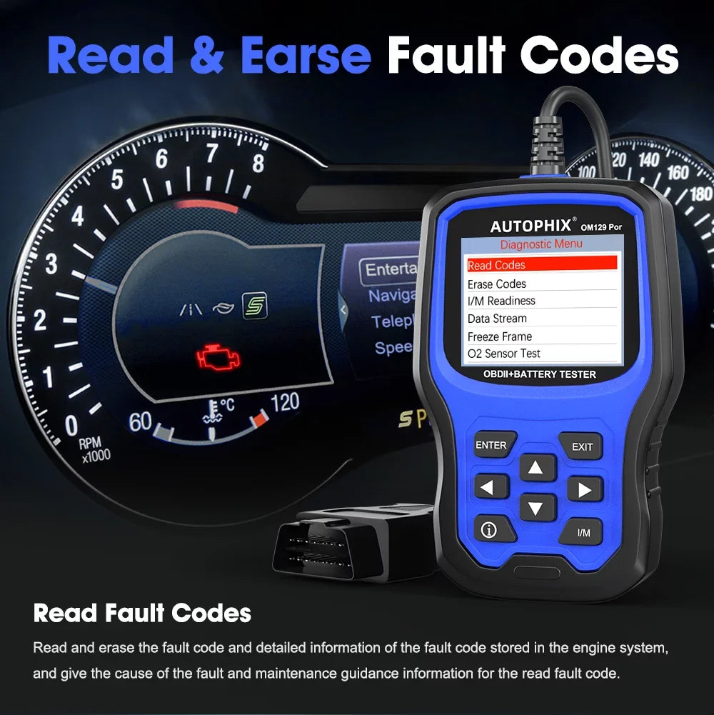 Test Automotive in 1 Scanner OBD2 Battery Full OBD2 Diagnostic Test AUTOPHIX Tool OM129 Battery Charging Function Analyzer Tester 2 Reader OBD Engine 12V Scanner EOBD Automotive Code PRO Cranking Auto
