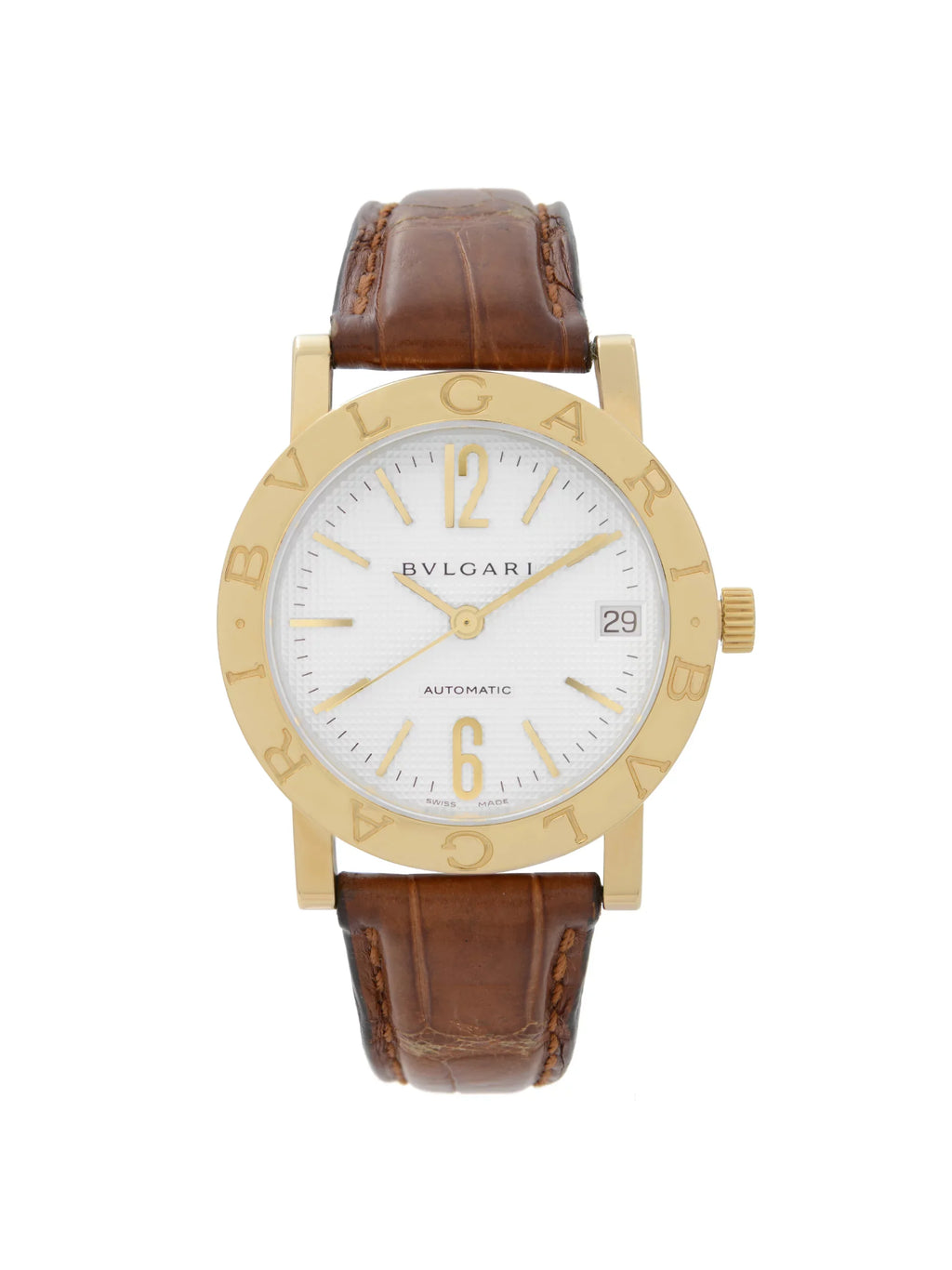BB33GL Bvlgari Gold Dial Automatic Strap 33mm 18k Leather Watch White Yellow