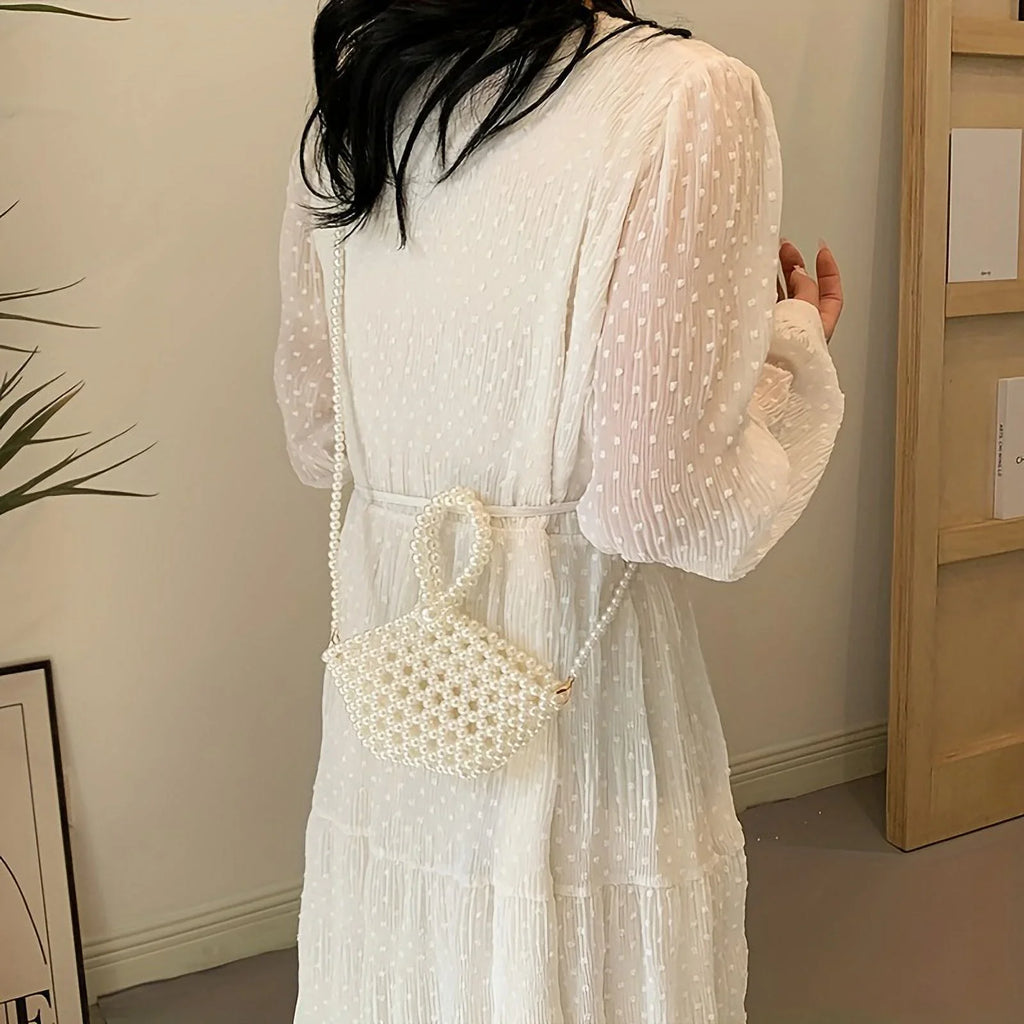 Basket Elegant Style Hollowed-out Women Crossbody Pearl For Beaded Faux Bag Purse moocr Bucket