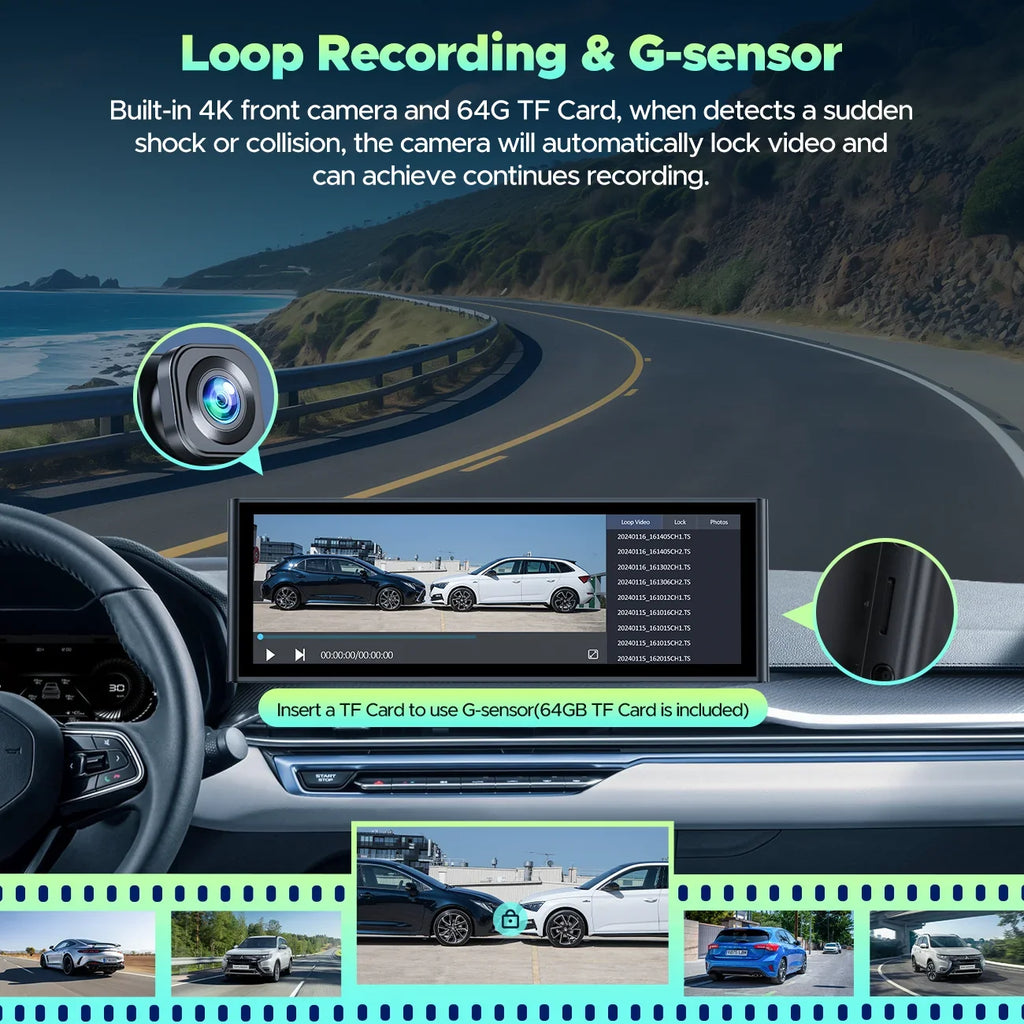 Android Front Play 1080P TOGUARD Car 4K Touch Dash 9.26" Camera/Loop Radio, Stereo Car Rear Rear Link Screen, Navigation/Mirror Cam, and Car View Apple with Auto, Recording/GPS Wireless Carplay