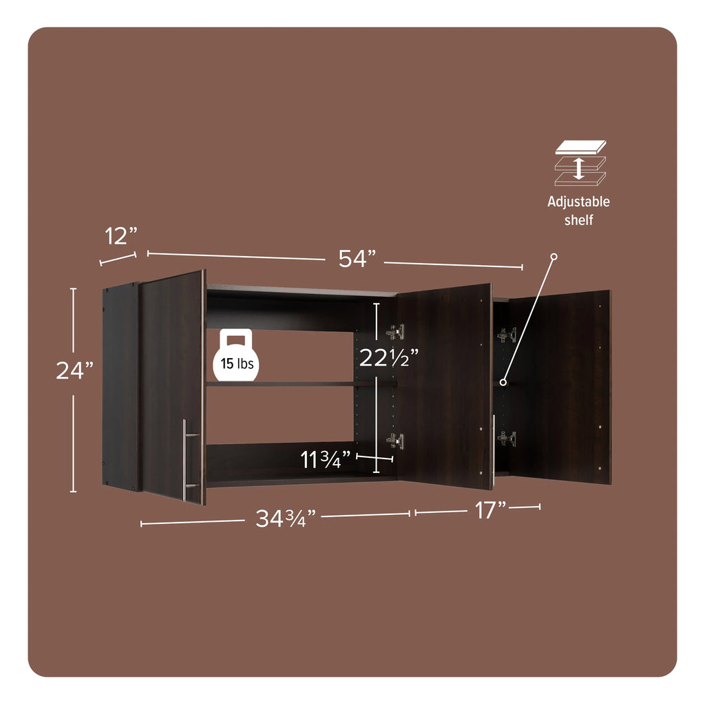 Cabinet Adjustable Espresso EEW-5424, Prepac Elite x x by Garage 24"H Versatile Tall 54"W 12"D, Wall Wall Cabinet, Prepac, 3-Door,