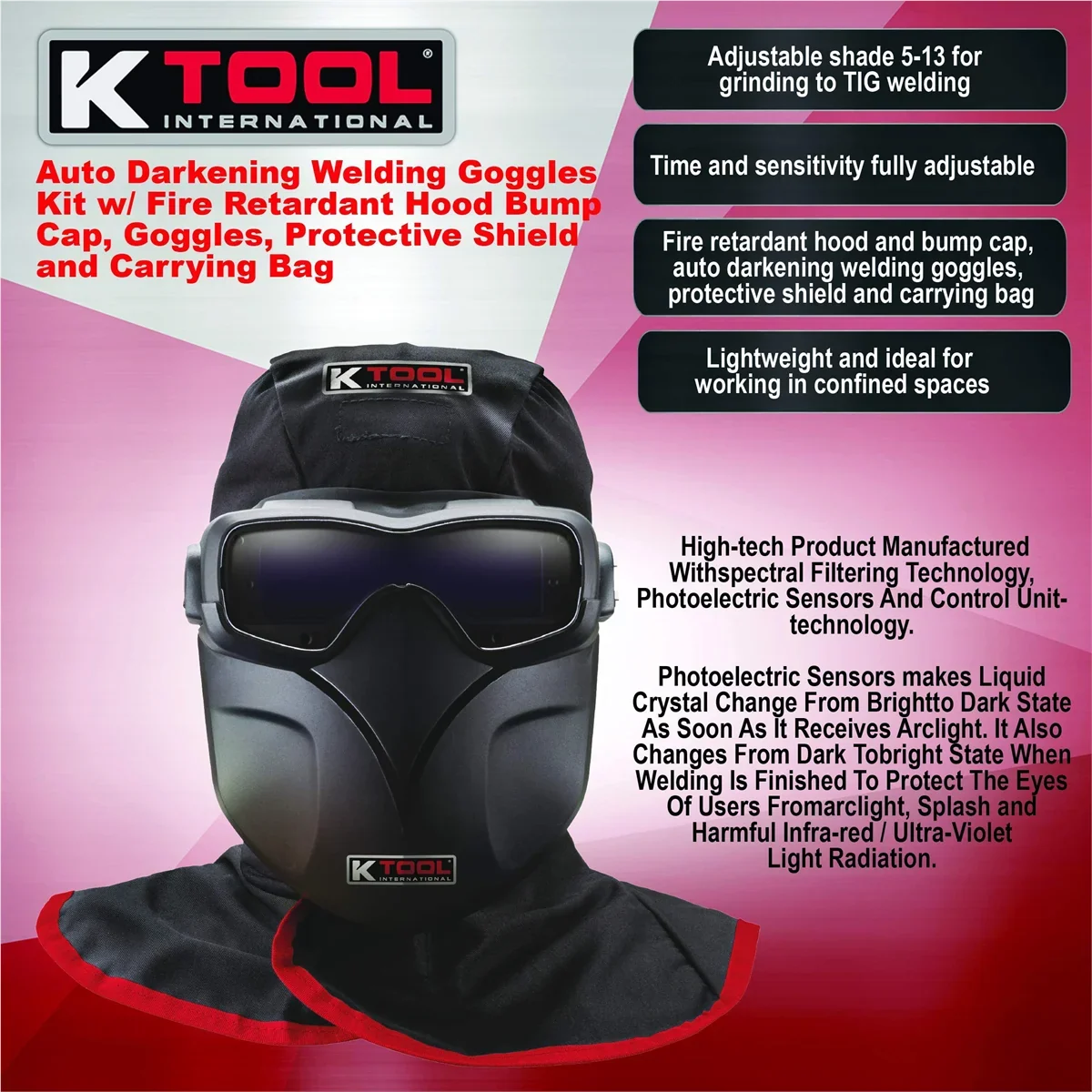 Darkening Auto for Tool Adjustable International Kit Garages, Bump and Lightweight, K /Red Repair Shops, 70046 Hood, Shield Bag, Goggle 5-13 Shades, Carrying Fire DIY, and Welding Cap, Retardant