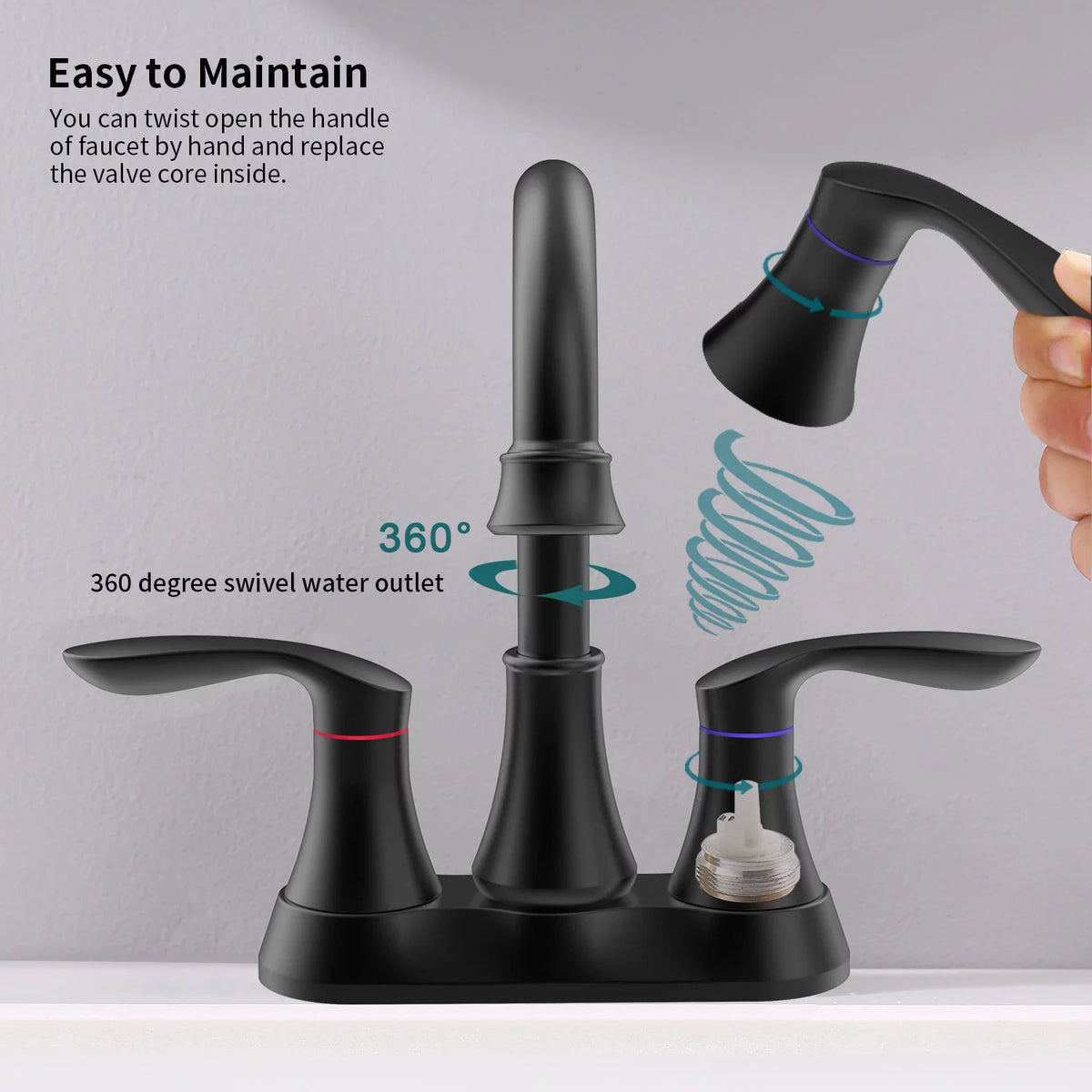 with Faucet，2-Handle Kichae Centerset Sink Inch 6 Pop-up Degree Bathroom 360 & Spout Supply Hoses，Matte Vanity Drain Swivel Faucet