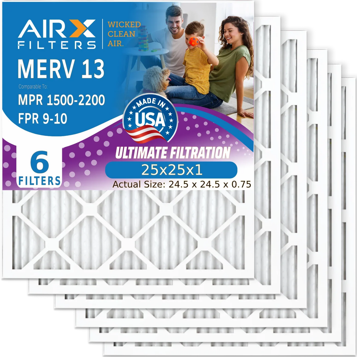 FILTERS Pleated WICKED 25x25x1 Filters Premium 2200 MERV Electrostatic Air Filter Conditioner to AC Filter USA AIR. 13 Pack Furnace FPR CLEAN Comparable 9 - by HVAC & 1500 6 AIRX Air MPR Made 25x25x1